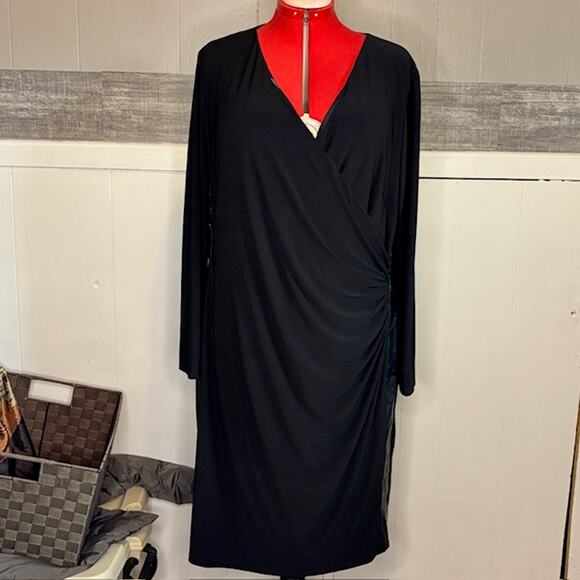 CHAPS Black Faux Wrap Midi Knit Dress with "Leather" sides - Picture 1 of 12